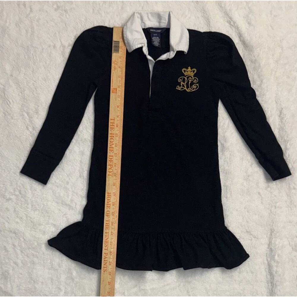 Ralph Lauren Vintage Black Monogrammed Long Sleeve Polo Ruffle Dress Size 7